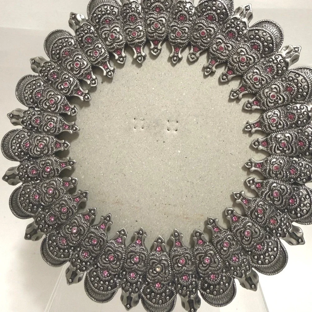 Vintage Style Round Pewter Tone Metal Picture Frame Pink Rhinestone Ornate